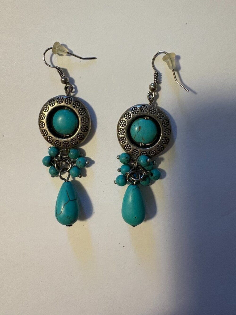 Vintage Teardrop Dream Catcher Turquoise Bead Sterling Silver Earrings